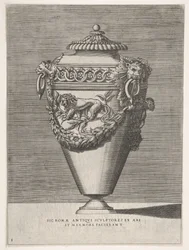 Urna antica con coperchio decorata con un motivo di anelli di diamanti e leoni, da Vasi ..., 1543 o dopo
