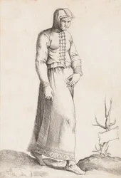 Tavola di costume: Donna con indumento con cappuccio