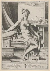 Lucrezia nuda e seduta davanti a una finestra, con un pugnale nella mano destra e tenendo d..., ca. 1535-67