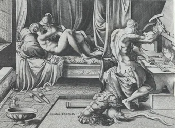 Venere e Marte che si abbracciano mentre Vulcano lavora alla sua fucina