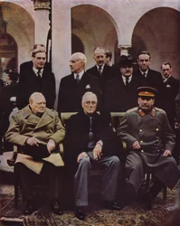 Conferenza dei leader alleati Winston Churchill, Franklin D. Roosevelt e Joseph Stalin a Yalta, Crimea; URSS, Seconda Guerra Mondiale, 7 febbraio 1945