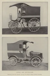 Cavallo e furgoni a motore (foto in bianco e nero)