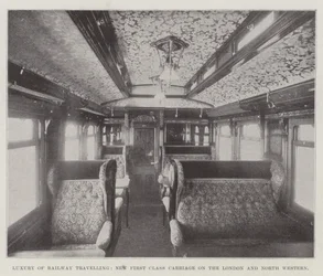 Lusso del viaggio in treno, nuova carrozza di prima classe sulla London and North Western