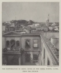 I disordini a Creta, rovine della scuola greca, Canea, dalla chiesa