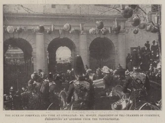 Il Duca di Cornovaglia e York a Gibilterra, il signor Mosley, presidente della Camera di Commercio, presenta un indirizzo dai cittadini