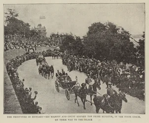 Le Festività in Ungheria, Sua Maestà e il Conte Szapary il Primo Ministro, nella Carrozza di Stato, sulla Strada per il Palazzo