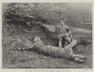 Il primo tigre abbattuto dal Principe Bughwan Singh, di dodici anni