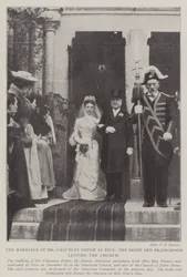 Il matrimonio del signor Chauncey Depew a Nizza, la sposa e lo sposo che lasciano la chiesa