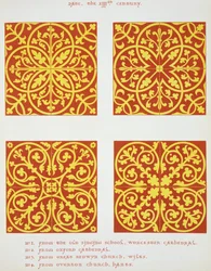 Design di piastrelle del XIII secolo, illustrazione da Esemplari di Pavimenti a Piastrelle, Disegnati da Autorità Esistenti, di Henry Shaw, 1858