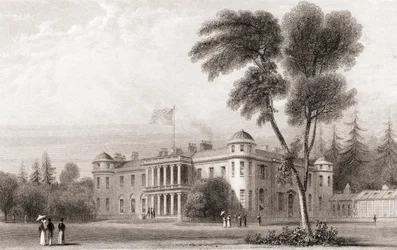 Veduta del XIX secolo di Goodwood House, West Sussex, Inghilterra meridionale. Da Churton