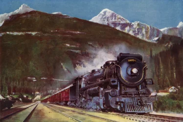 Locomotiva a vapore 2-10-4 della Canadian Pacific Railway ai piedi delle Montagne Rocciose, Canada