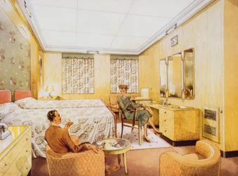 Una camera da letto a bordo del RMS Caronia, c.1950