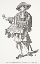 Un venditore ambulante, da The Cries and Habits of the City of London di M. Lauren, 1709, illustrazione del frontespizio da Chap-books of the Eighteenth Century di John Ashton, pub. 1882