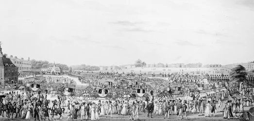 Rappresentazione corretta della compagnia che va e torna dalla sala del trono di Sua Maestà a Buckingham Palace, pubblicata da G. Humphrey, 25 maggio 1822