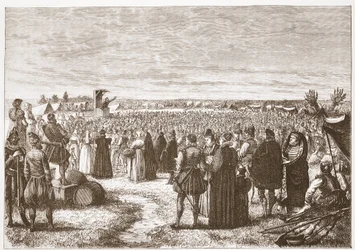 Una predica in campo vicino a Gand, illustrazione da La storia del protestantesimo di James Aitken Wylie, pub. 1878