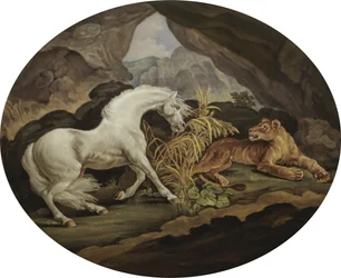 Un cavallo spaventato da una leonessa dopo George Stubbs (1724-1806) (placca in smalto)