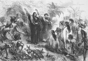 Un missionario gesuita che predica a una tribù di indiani, illustrazione da La storia del protestantesimo di James Aitken Wylie (1808-1890), pub. 1878