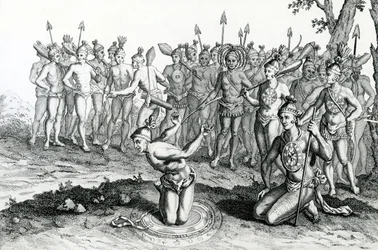 Un re della Florida consulta il suo mago prima di andare in battaglia, illustrazione tratta da Viaggi e peregrinazioni di Moore, 1778