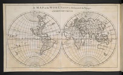 Una Mappa del Mondo, su cui sono delineati i Viaggi di Robinson Crusoe