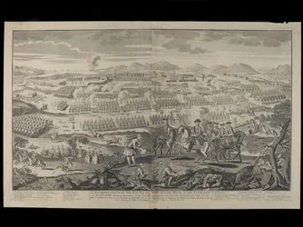 Rappresentazione della battaglia di Drumossie Moor presso Culloden in Scozia, 16 aprile 1746, pubblicata da Henry Overton, 30 giugno 1746