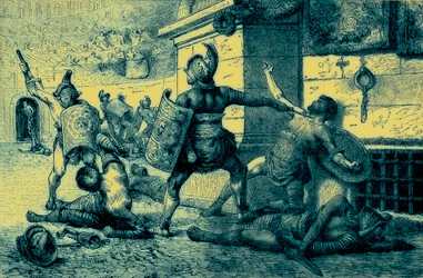Una festa romana, combattimento di gladiatori, illustrazione da The Illustrated History of the World, pubblicato c.1880