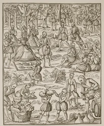 Un picnic reale, tavola da Noble Art of Venerie and Hunting di George Turberville, 1575