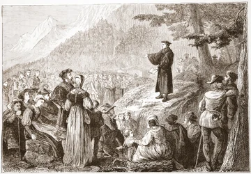 Un riformatore svizzero che predica al suo gregge in campo aperto, illustrazione da La storia del protestantesimo di James Aitken Wylie, pub. 1878