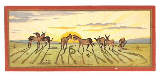 Cartolina di Natale Vittoriana con un Tramonto e Asini che Leggono 