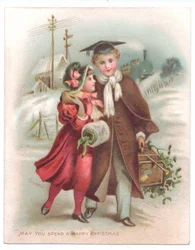 Cartolina natalizia vittoriana con un ragazzo che indossa un tocco accademico con il braccio intorno a una ragazza che cammina nella neve, c.1880