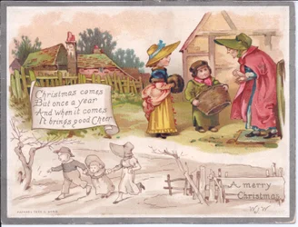 Cartolina natalizia vittoriana con una donna anziana e due bambini in una fattoria, c.1880