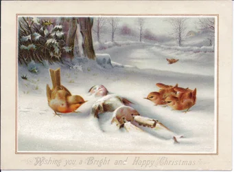 Biglietto di Natale vittoriano raffigurante un burattino di legno nella neve, 1880 circa (litografia a colori)
