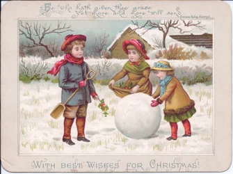 Biglietto di Natale vittoriano con tre bambini che giocano con una grande palla di neve, 1880 circa (litografia a colori)
