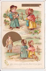 Cartolina natalizia vittoriana con due bambini e una lepre, c.1880