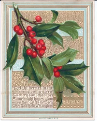 Un biglietto di Natale vittoriano con un ramo di agrifoglio che copre un verso. Pubblicato da Marcus Ward, circa 1880