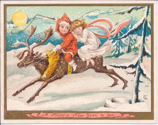 Cartolina di Capodanno vittoriana con una fata ragazza e un fata ragazzo a cavallo di una renna in una notte di neve illuminata dalla luna, c.1880