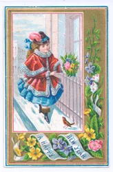 Cartolina di Capodanno vittoriana con una ragazza vestita con un mantello foderato di pelliccia che tiene un bouquet di fiori camminando nella neve, c.1880