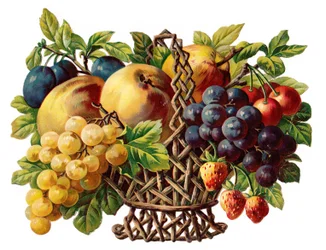Rilievo vittoriano di scarto di carta di un cesto di frutta, 1880 circa (litografia a colori)