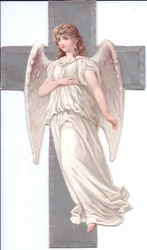 Rilievo vittoriano di scarti di carta di un angelo davanti a una croce, 1880 circa (litografia a colori)