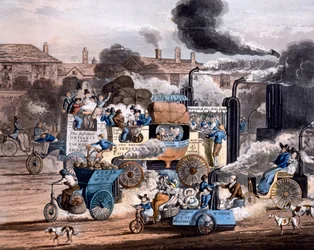 Una vista in White Chapel Road 1830, da The Progress of Steam - Illustrazione di Aiken della Profezia Moderna 1828
