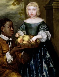 Una giovane ragazza a cui viene offerto un cesto di frutta da un servitore, c.1650