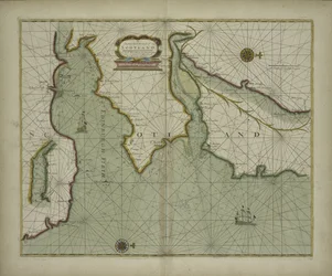 Carta della costa orientale della Scozia da un atlante marino contenente una descrizione idrografica della maggior parte delle coste conosciute del mondo di Samuel Thornton, 1707 (stampa colorata a mano)