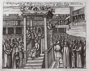 Una descrizione di Maestro Latimer che predica davanti a Re Edoardo VI nel luogo di predicazione a Westminster, illustrazione da Atti e Monumenti di John Foxe, nona edizione, pub. 1684