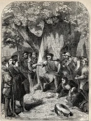 Un gruppo di dissidenti nel Norfolk durante la ribellione di Robert Kett del 1549 - rivolta nel Norfolk, Inghilterra durante il regno di Edoardo VI - Ket il Conciatore (1492-1549) arringa i suoi seguaci sotto la Quercia della riforma - incisione da 