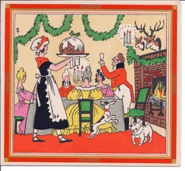 Cartolina di Natale francese pochoir colorata a mano di una cameriera che serve un budino di Natale, circa 1920