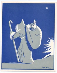 Biglietto di Natale Pochoir francese colorato a mano raffigurante Babbo Natale in silhoutte, che cammina con un bastone e porta un sacco con un coniglio e un orso, 1920 circa (stencil)