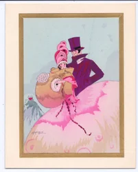 Cartolina di Natale francese pochoir colorata a mano di una dama del Regency con un manicotto, accompagnata da un gentiluomo con cilindro, circa 1920