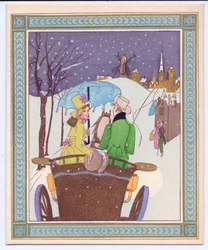 Una cartolina di Natale francese pochoir colorata a mano di una coppia di Rencecy in una carrozza aperta che attraversa la neve, circa 1920