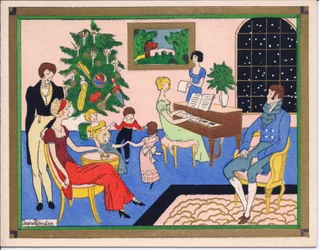 Una cartolina di Natale francese pochoir colorata a mano di una festa di Natale di famiglie Regency, con balli e intrattenimento musicale, circa 1920