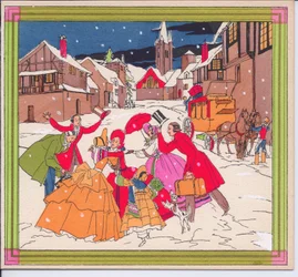 Cartolina di Natale francese pochoir colorata a mano di un gruppo di viaggiatori vittoriani in abiti invernali che si salutano, circa 1920