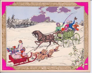 Cartolina di Natale francese pochoir colorata a mano di una slitta con bambini trainata da cani e un cavallo e carro che attraversano un paesaggio innevato, circa 1920